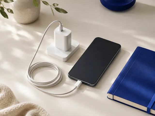 AI-generated illustration of an unbranded smartphone, USB-C cable and charger on a desk.