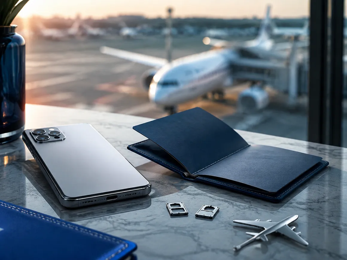 AI-generated illustration of a smartphone and travel accessories near an airport window.
