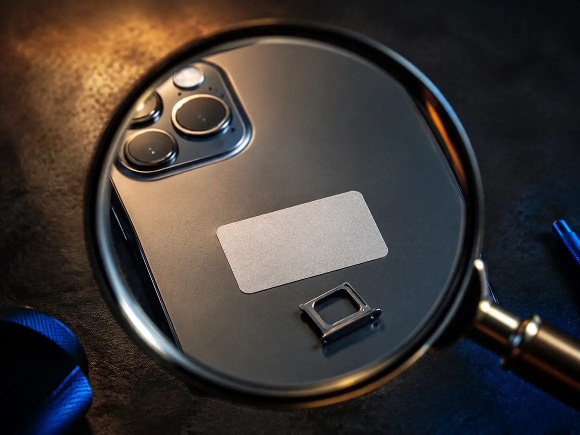 AI-generated illustration of a magnifying glass over a phone and SIM tray; no actual device identifier is shown.