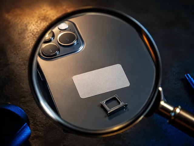 AI-generated illustration of a magnifying glass over a phone and SIM tray; no actual device identifier is shown.