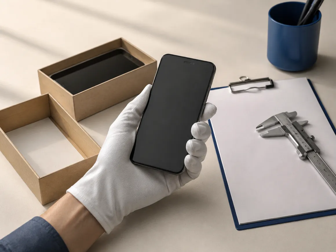 AI-generated illustration of a gloved hand inspecting a phone beside plain packaging.