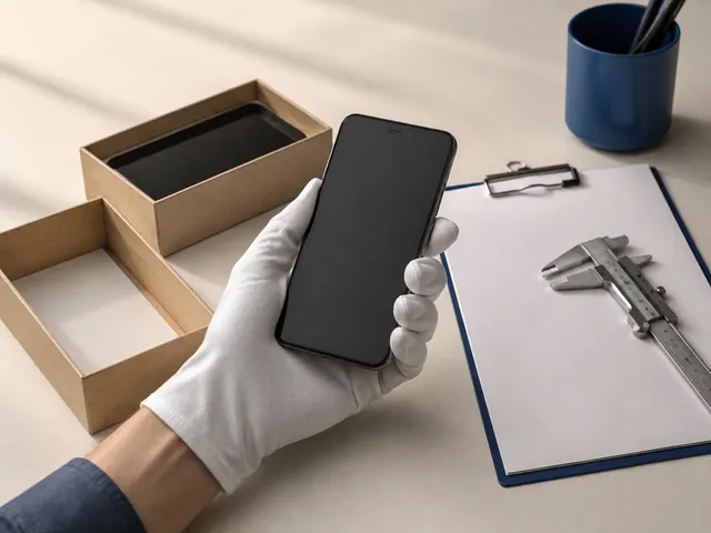 AI-generated illustration of a gloved hand inspecting a phone beside plain packaging.