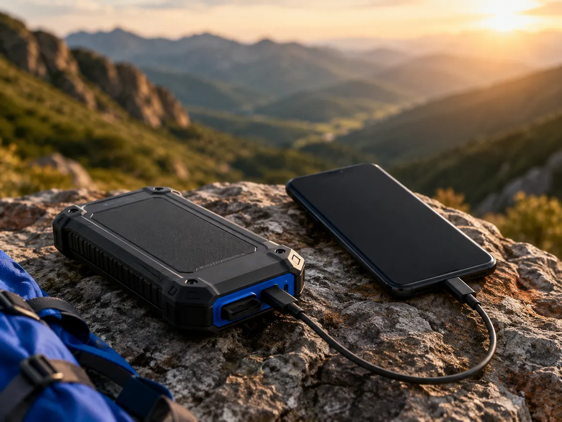 AI-generated illustration of a portable power bank and phone on a mountain rock.