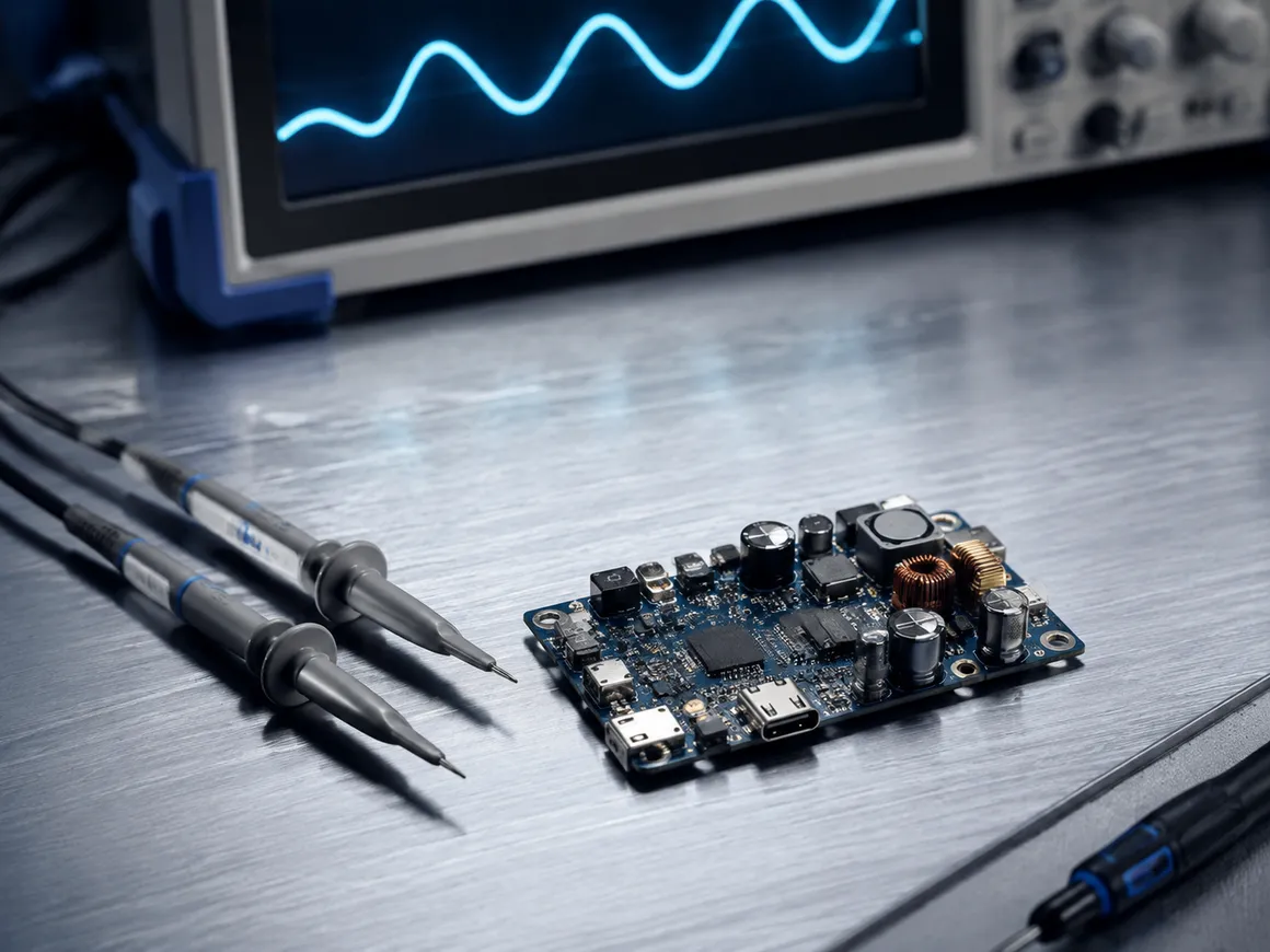 AI-generated illustration of probes and a charging circuit on an electronics bench; not a measurement record.