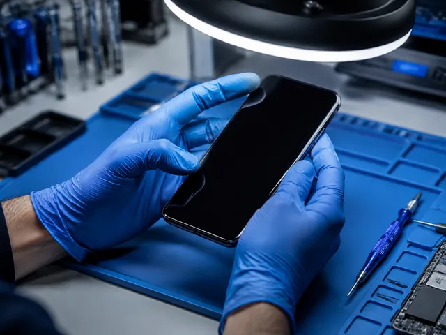 AI-generated illustration of gloved hands inspecting a smartphone under a work lamp; not a real inspection record.