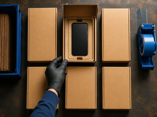 AI-generated illustration of phone-sized cartons and a packing workbench.