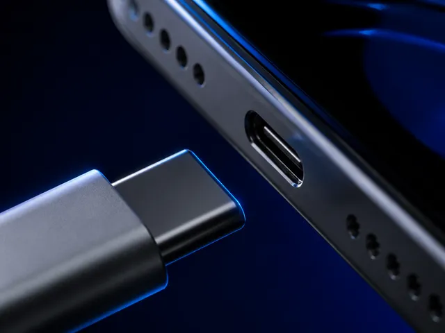 AI-generated illustration of a USB-C connector beside a phone port under blue rim lighting.