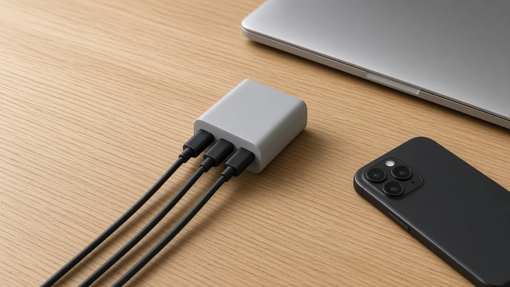 Plain gray three-cable charger on a desk beside a closed laptop and a face-down phone