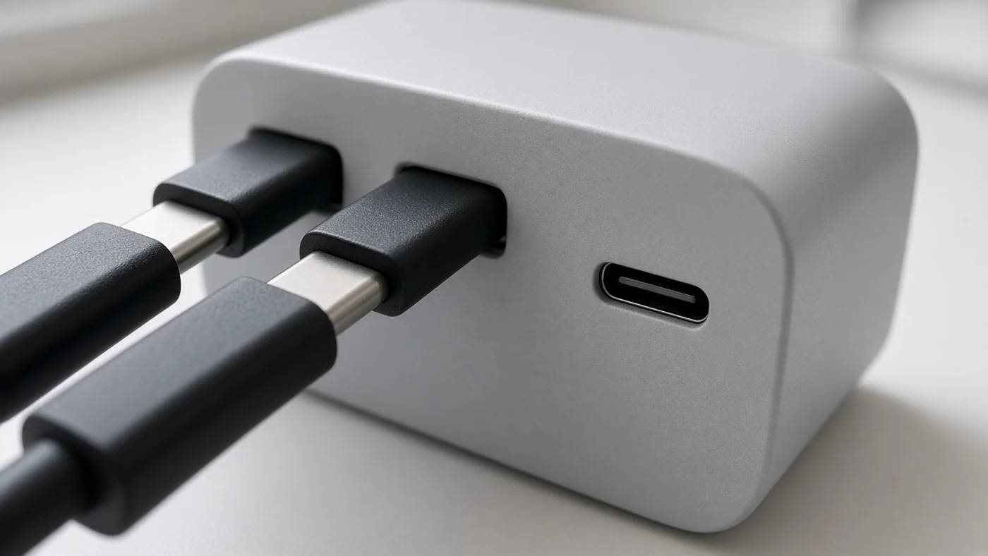 Two cables in a gray charger and one empty USB-C port