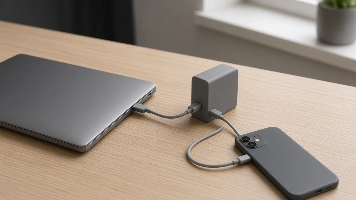 Closed laptop, face-down phone, and one charger with several cables