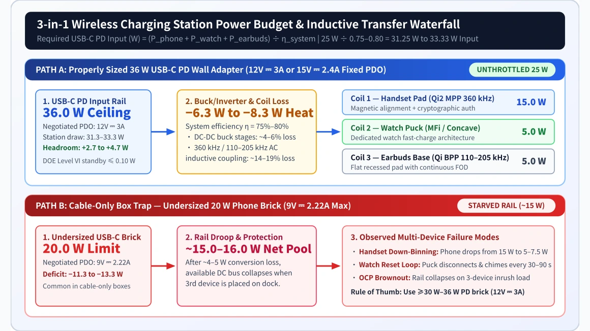Technical schematic showing a 36W USB-PD input adapter feeding a 3-in-1 wireless charging station across 15W Qi2 MPP phone, 5W smartwatch, and 5W TWS earbud coils.