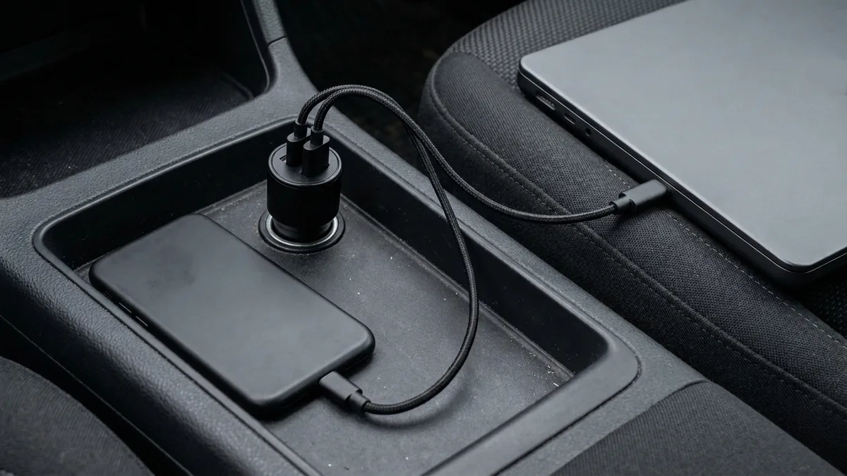 An unbranded matte-black car charger plugged into a vehicle 12V console socket with two braided USB-C cables connected simultaneously to a closed dark-gray laptop on the passenger seat and a face-down black smartphone.