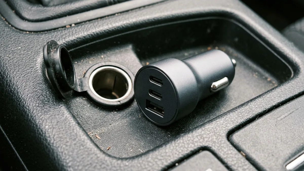 An open vehicle auxiliary power socket on a dark console beside an unbranded cylindrical car charger showing two oval USB-C ports and one rectangular USB-A port.