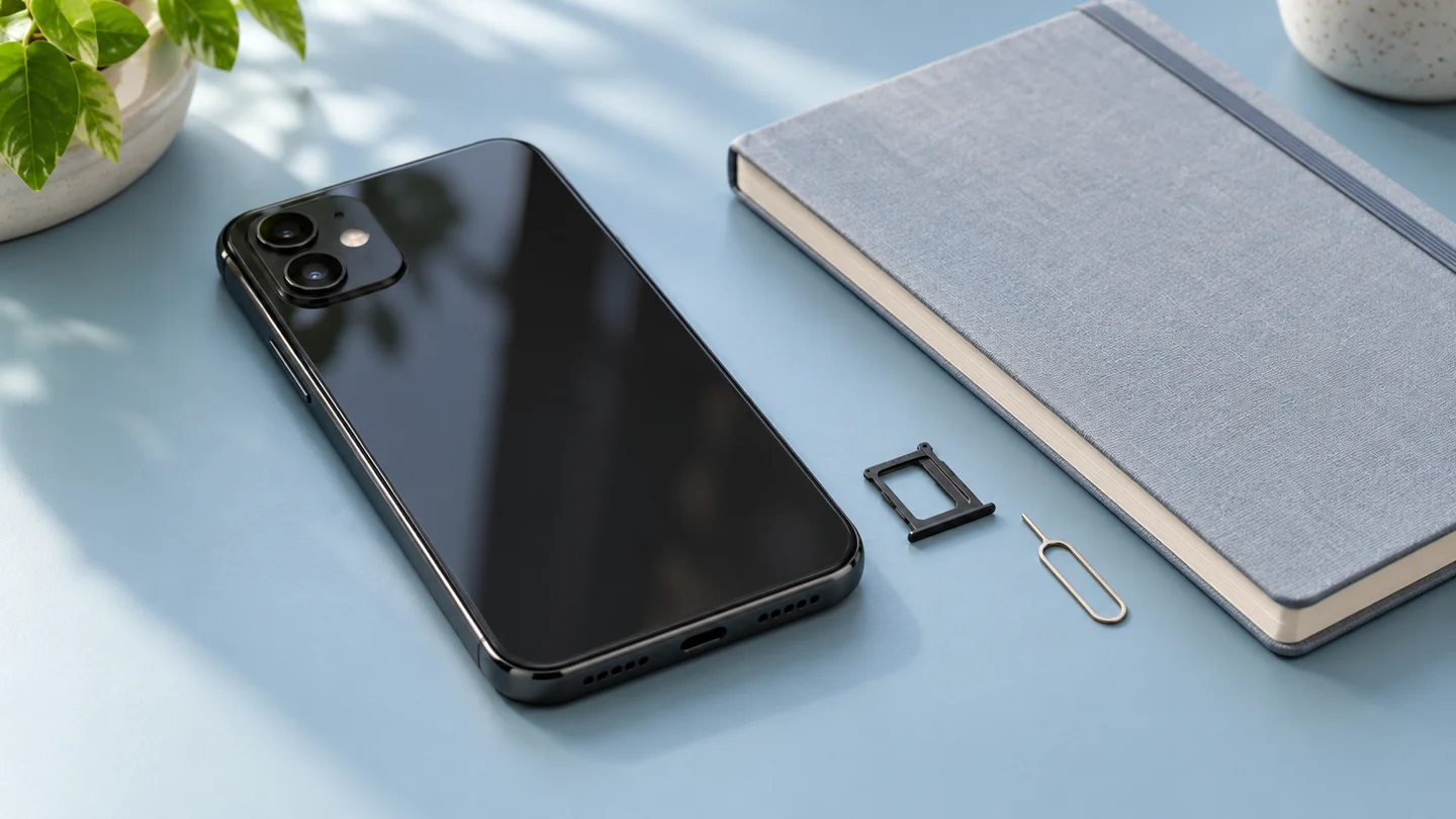 Phone, SIM tray and notebook on a pale blue desk
