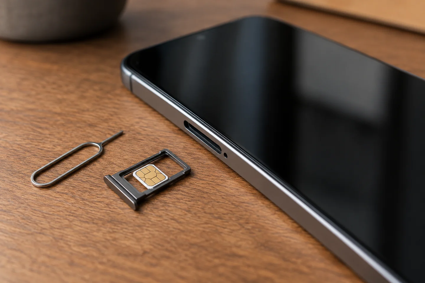 Phone, SIM tray and eject tool on a wooden desk