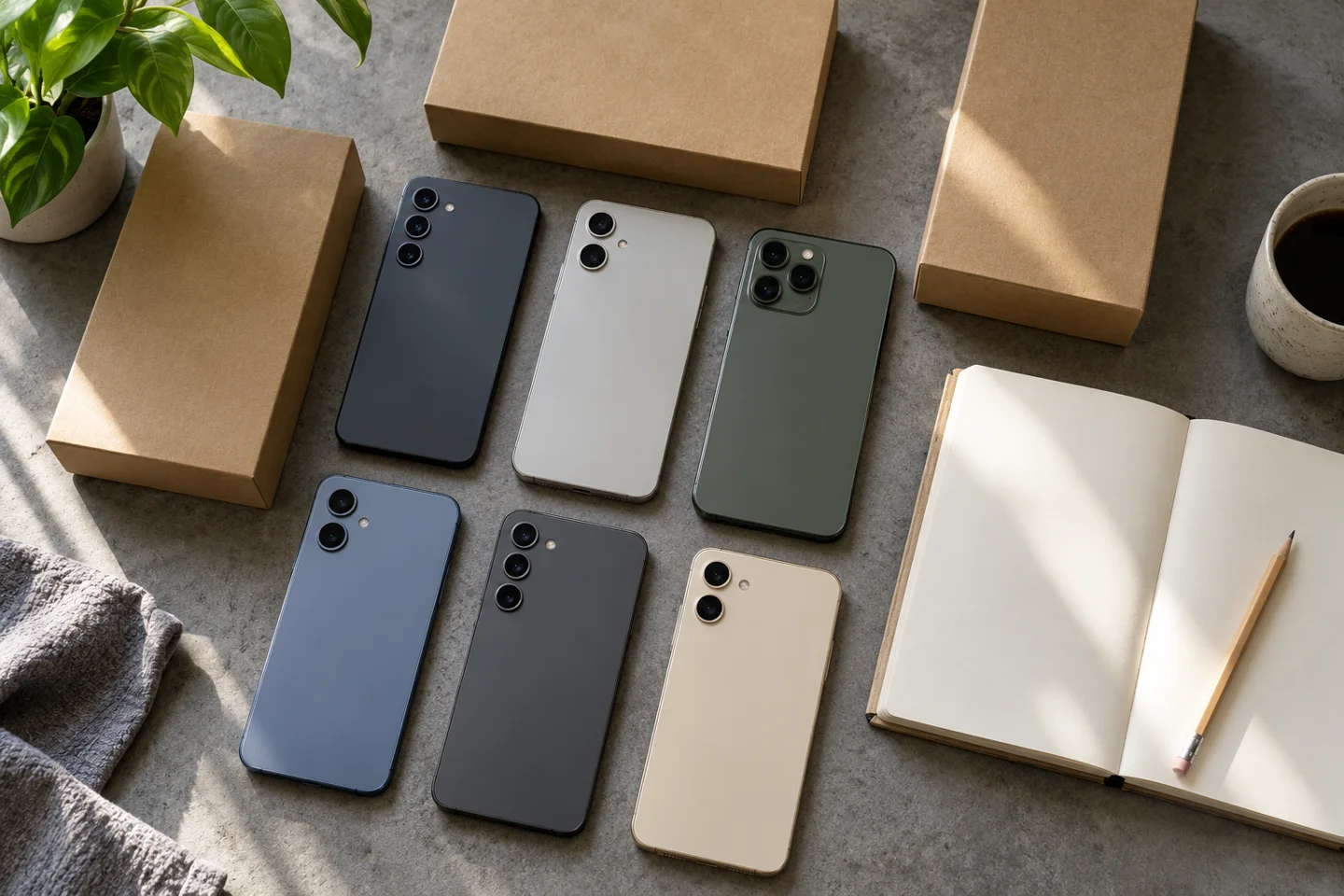 Phone backs, plain boxes and an open notebook on a workbench