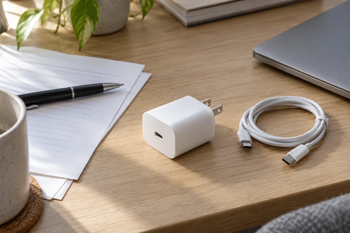 Example of an unbranded white USB-C wall charger beside lined paper, a pen and a coiled USB-C cable on a wooden desk, with a closed laptop and a mug nearby.