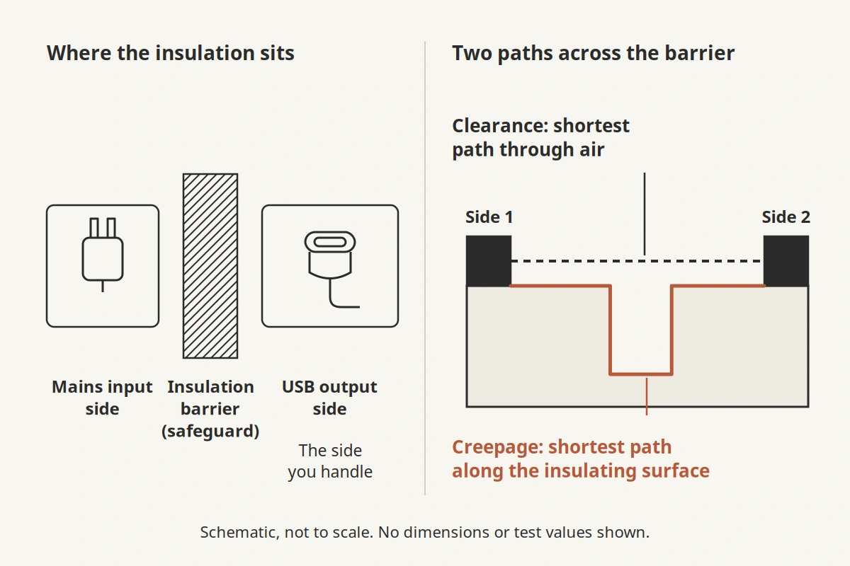 Schematic of a charger's mains input side and USB output side separated by an insulation barrier, with an enlarged section showing clearance as the shortest path through air and creepage as the shortest path along the insulating surface; not to scale.