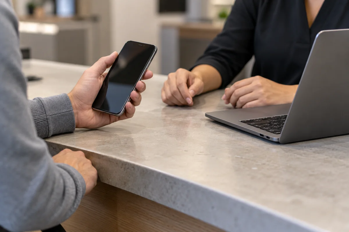 A customer holding a smartphone across a service counter from a staff member beside a laptop.