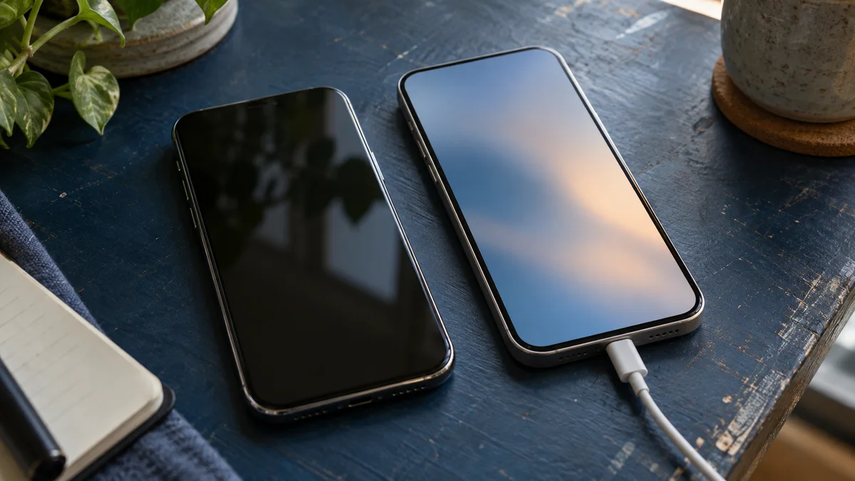 Two smartphones resting side by side on a blue desk, with a charging cable connected to one phone.