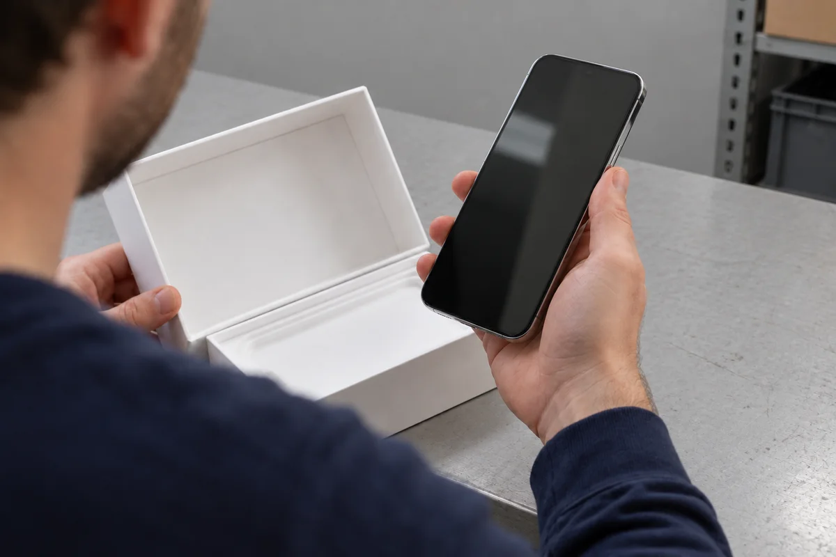 A person holding a smartphone beside its open white retail box at a grey counter.