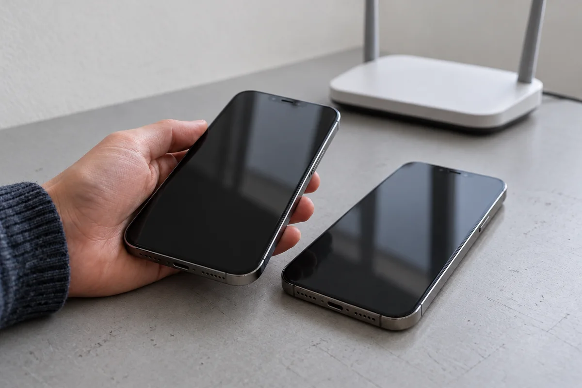 Two phones close together on a grey desk, one held in a hand, with a Wi-Fi router behind them.