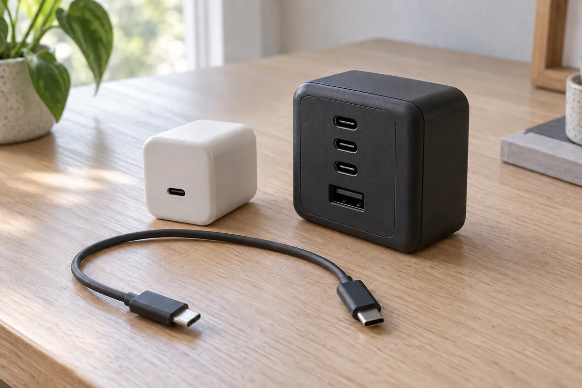 Example of a small white single-port USB-C charger and a larger charcoal multiport charger with visible USB-C and USB-A ports beside a disconnected USB-C cable.