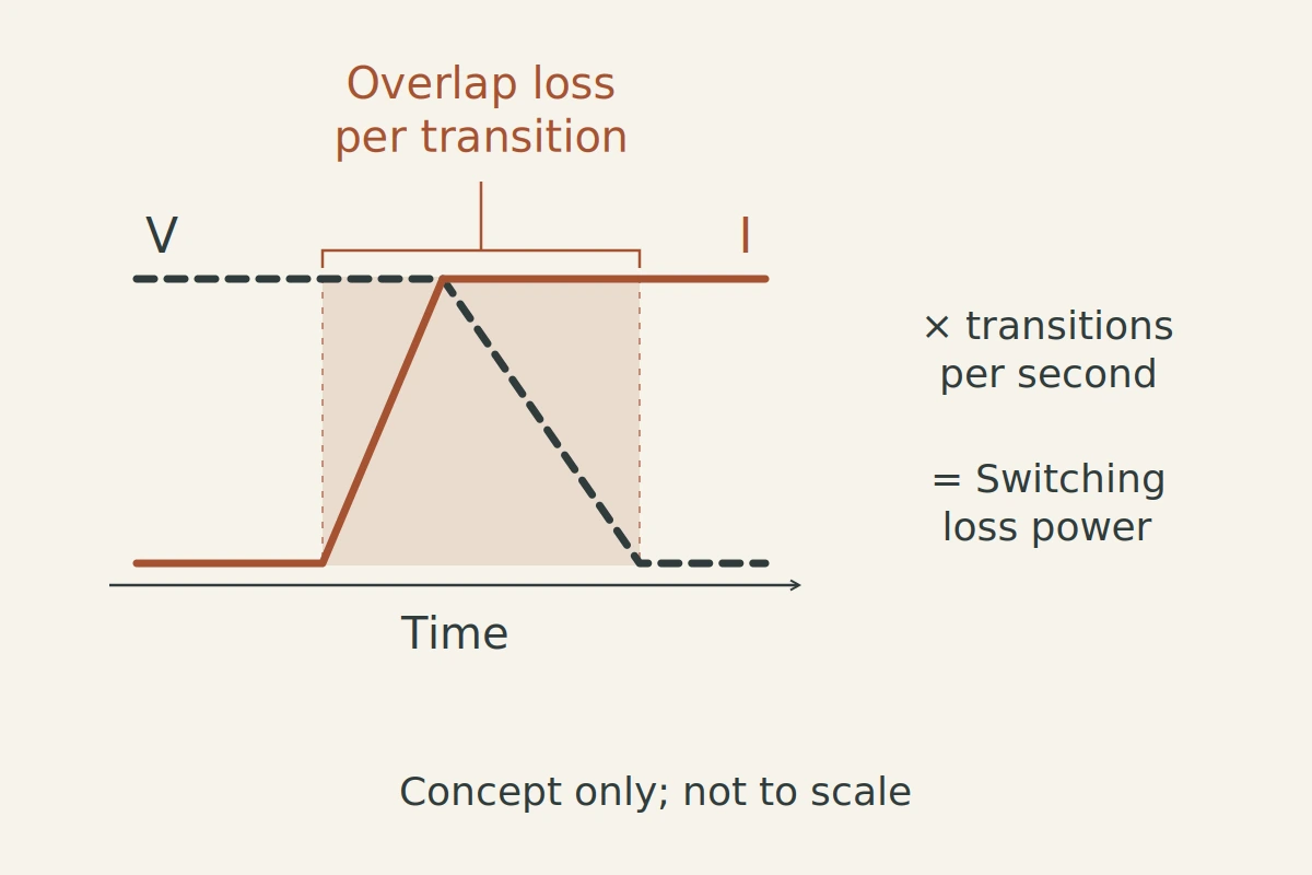 Conceptual voltage and current waveforms show a shaded overlap interval during turn-on, followed by overlap loss per transition multiplied by transitions per second to give switching-loss power.
