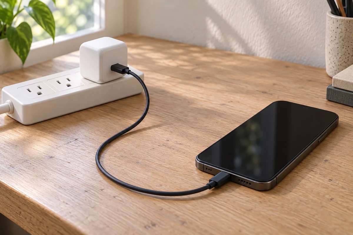 Example of an unbranded white adapter seated in a US power strip and connected by one USB-C cable to a screen-off phone on an unobstructed wood desk.