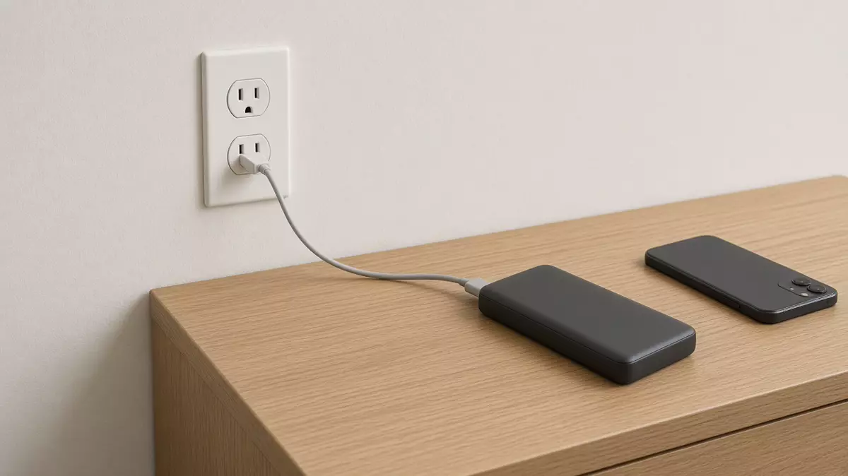 A white plug in the lower socket of a wall outlet, with the cable seated in a dark power bank on a wood nightstand and a face-down phone beside it.