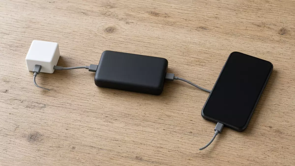 Gray cables join a white cube, a black power bank and a black phone on a wood table.