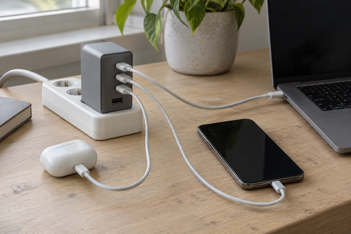Example of a laptop, phone and earbud case connected to one generic multiport charger.
