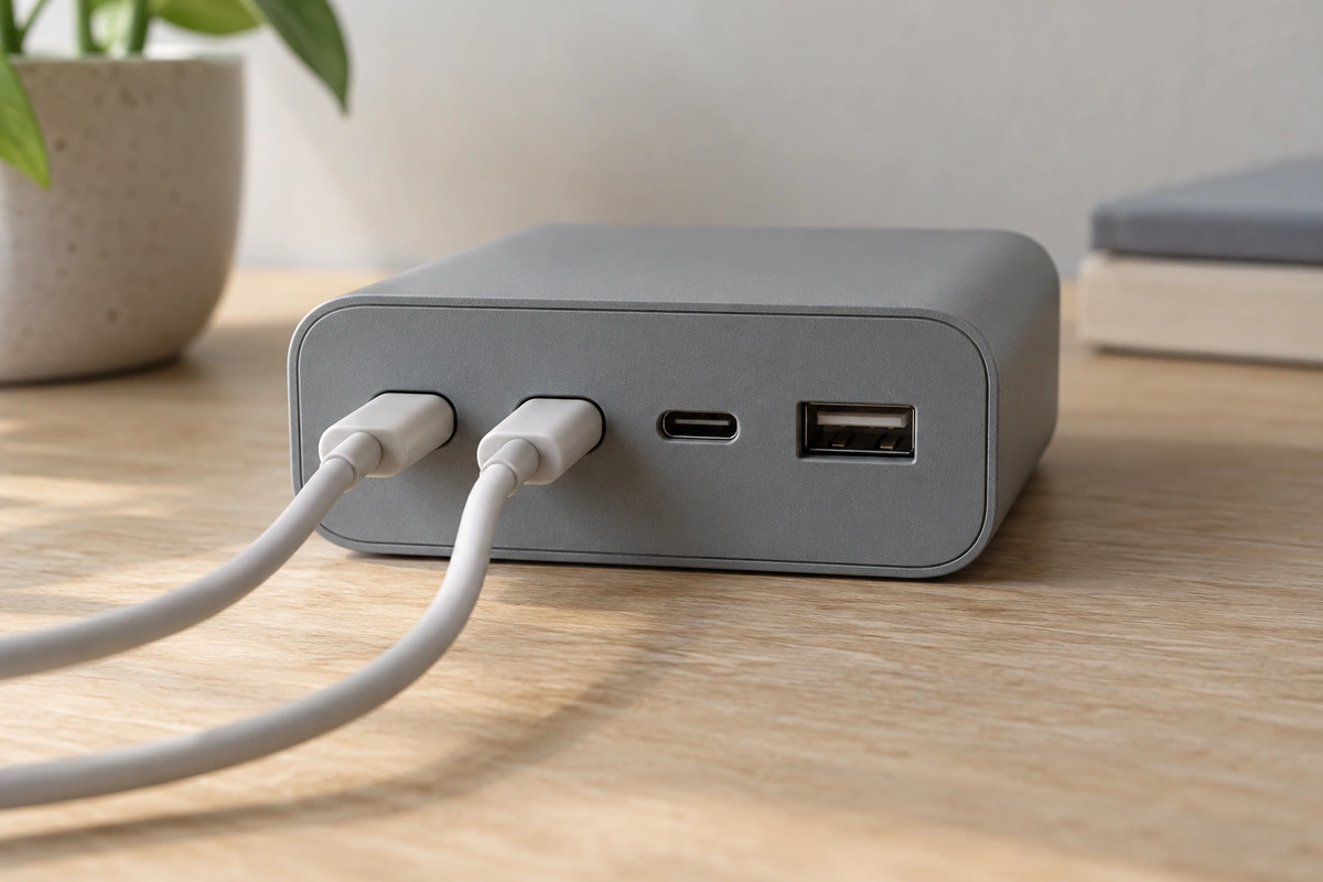 Example of two occupied USB-C ports and two empty ports on a generic four-port adapter.