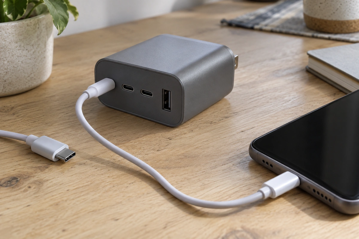 Example of an attached cable and a disconnected second USB-C plug beside a charger.