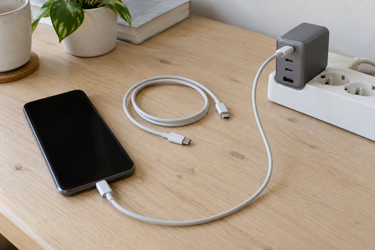 Example of a single-device charging setup with a disconnected spare cable.