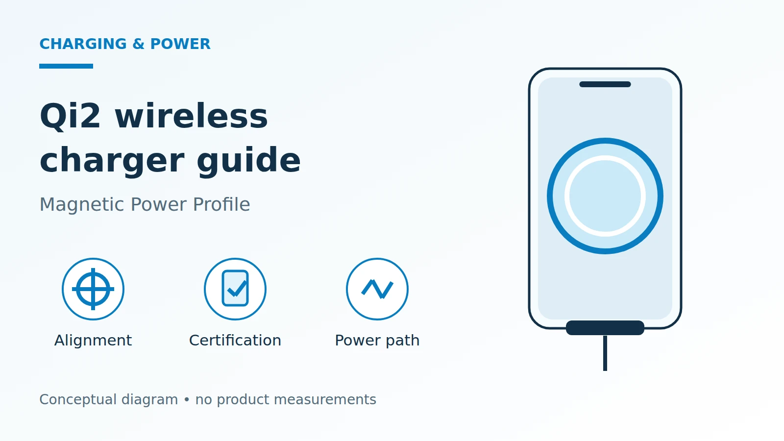Conceptual phone and magnetic charging puck with alignment, certification and power-path symbols.