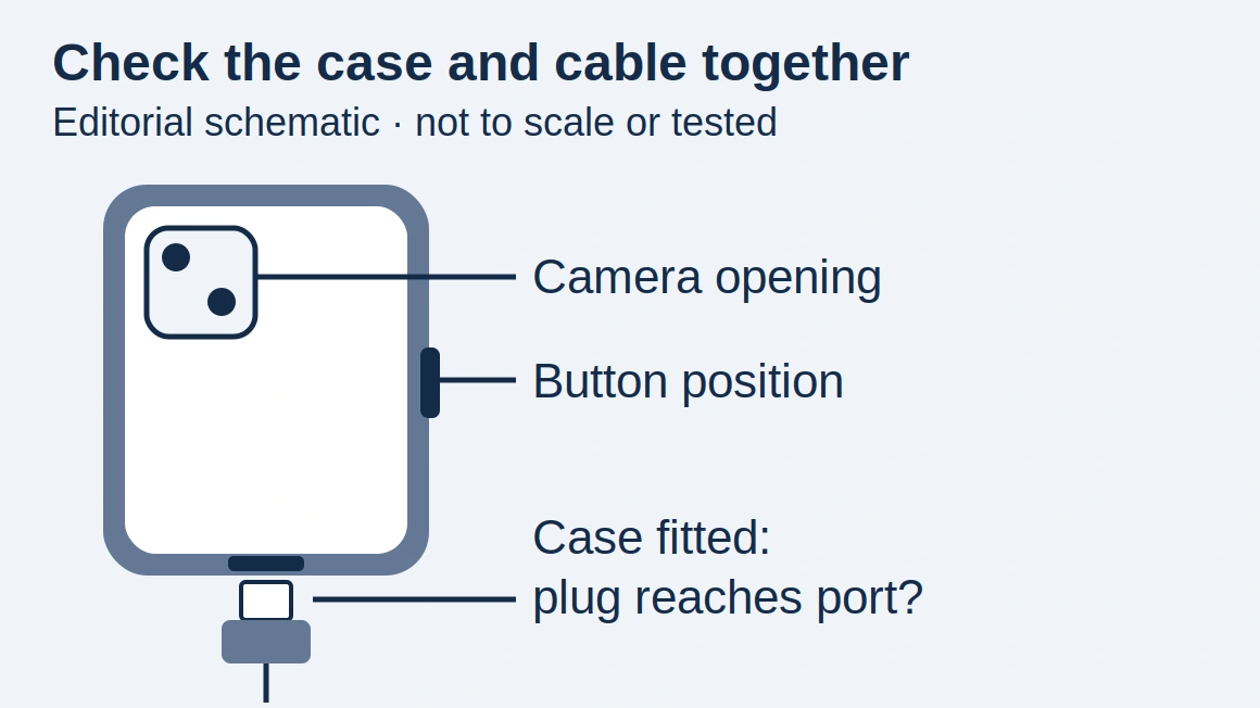 Illustrative case and connector field checklist: exact phone model, camera/button cutouts, plug clearance with the case fitted and the required cable task; no accessory was tested.