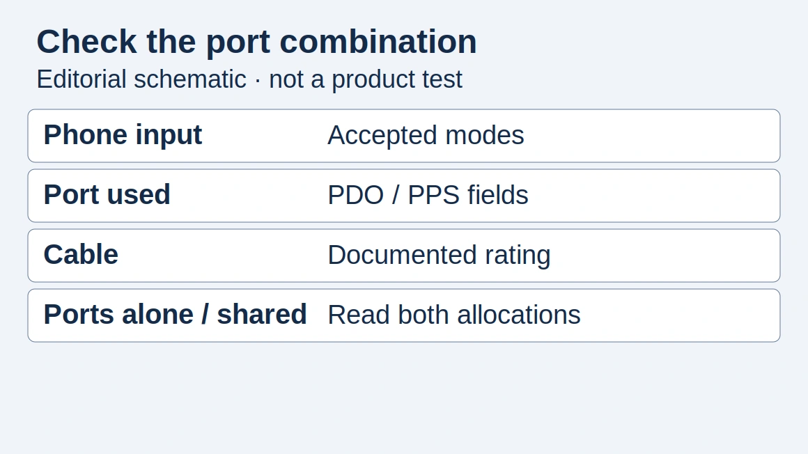 Editorial port-allocation schematic: compare the phone input, selected port profiles, cable and standalone versus shared-port allocation; no output ratings are supplied.