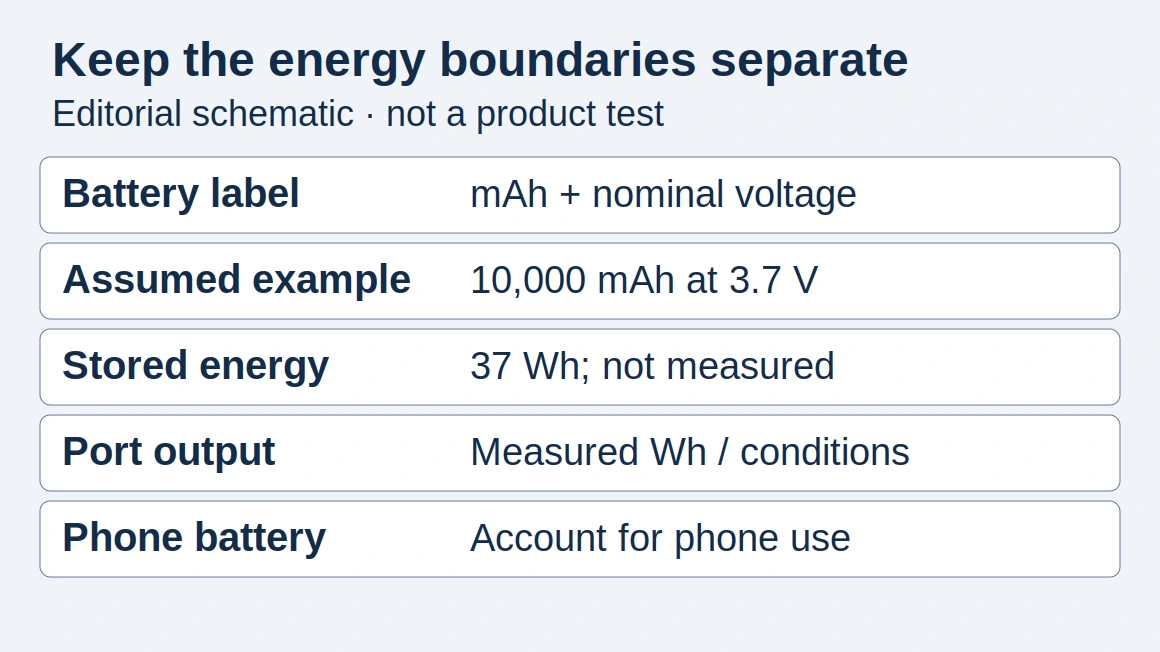 Editorial energy-boundary schematic: assumed 10,000 mAh at 3.7 V gives 37 Wh nominal stored energy; port output and phone-battery energy require separate evidence, with no claimed product measurement.
