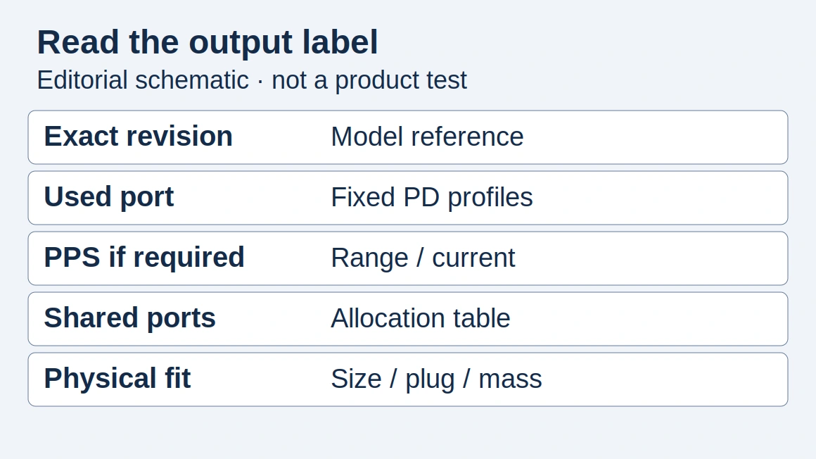 Editorial output-label schematic showing where to record model revision, port profiles, PPS, shared-port allocation and physical fit; not a real charger label or hands-on test.
