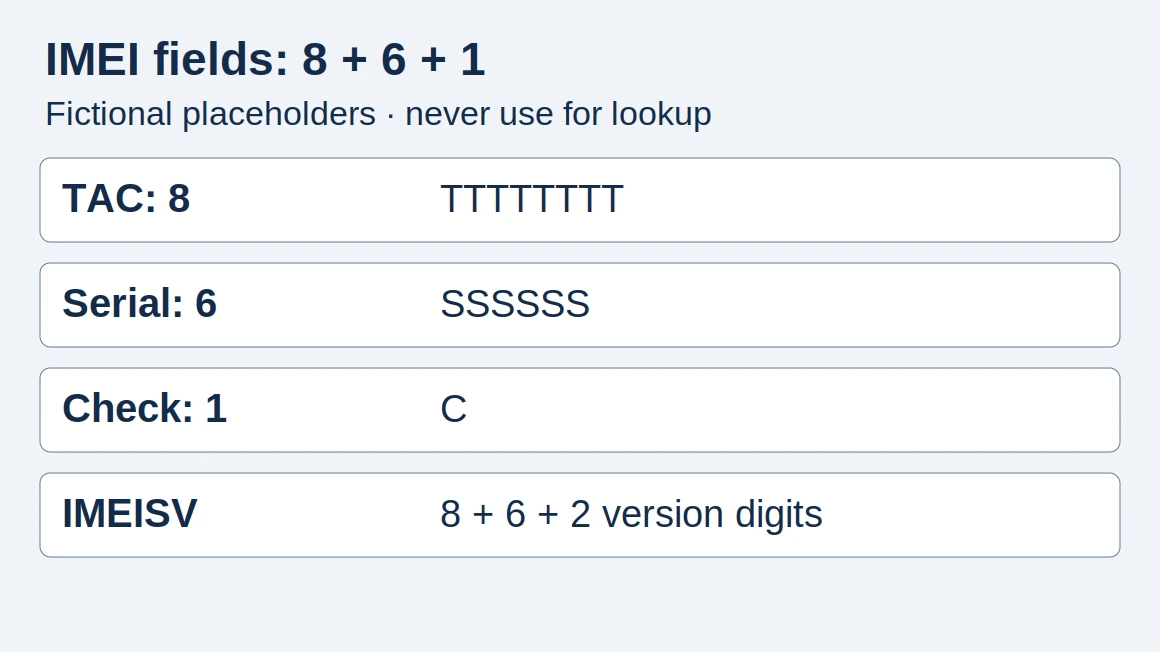 Fictional letter placeholders show IMEI's eight-digit TAC, six-digit serial and one-digit check field; IMEISV has two software-version digits instead. Never use these placeholders for a lookup.