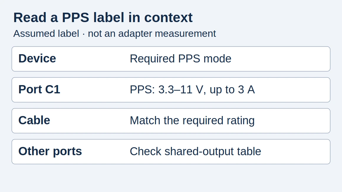 Assumed port C1 PPS label: 3.3–11 V, up to 3 A. Match the phone, cable and occupied-port output table; this is a schematic, not a tested adapter.