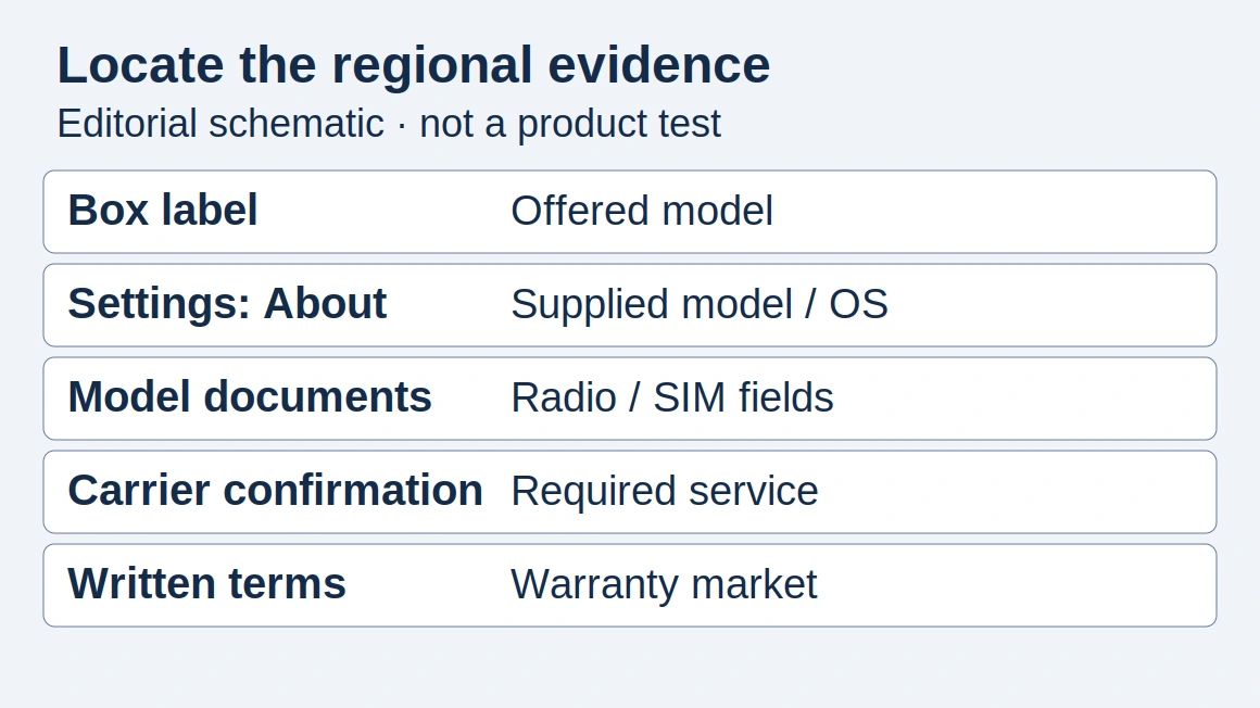 Illustrative field-location map from box label and device About settings to model, carrier, SIM and warranty documents; not a photograph of a checked handset.