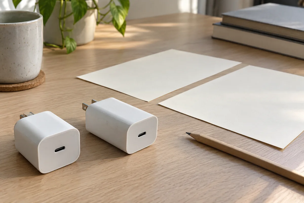 Two white single-port chargers sit beside blank sheets and a pencil on a wood desk.
