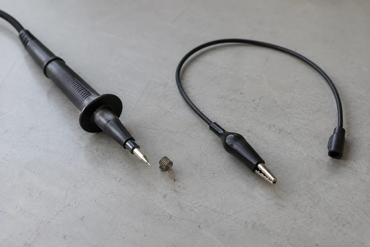 A black probe, a small metal ground spring and a separate looped ground lead rest on a gray workbench.