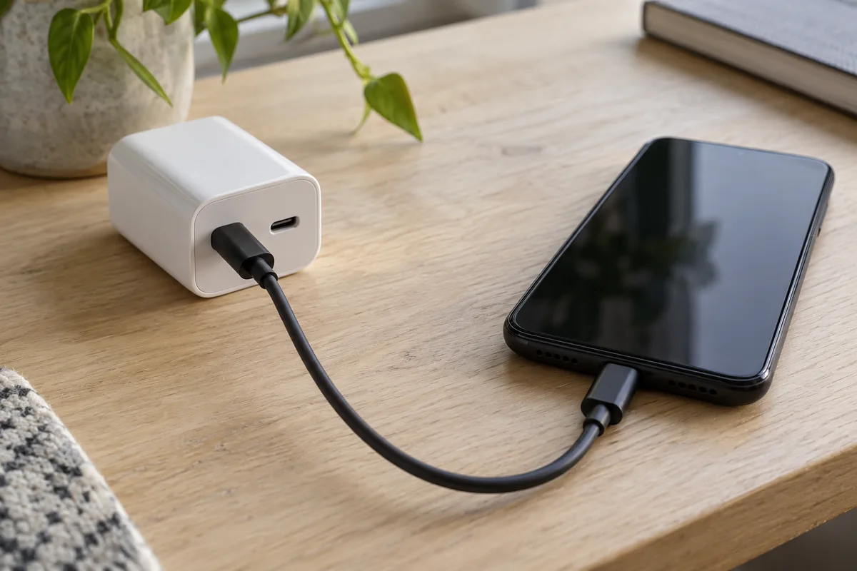 A black cable connects a white two-port charger to a phone with its screen off; the second charger port is empty.