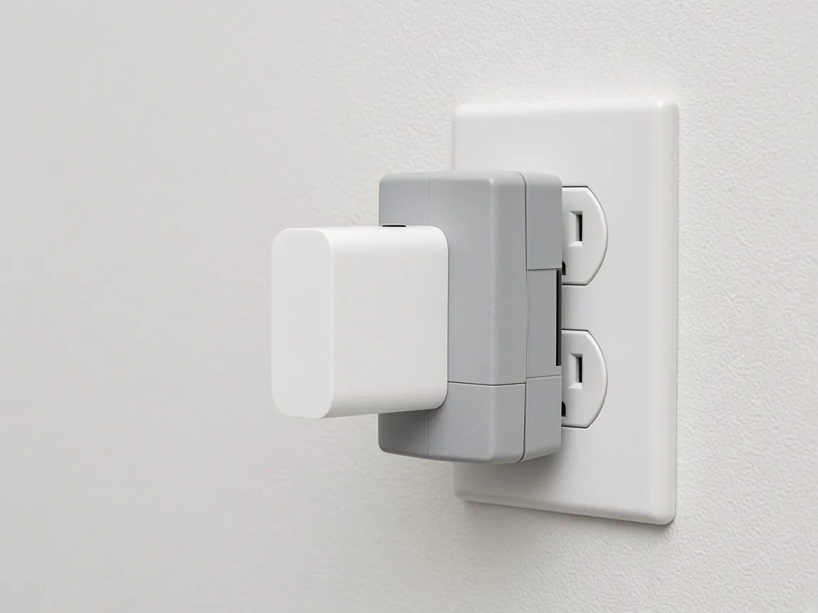 A white charger is plugged into a gray monitor, and the monitor is plugged into a wall outlet with its display facing away.