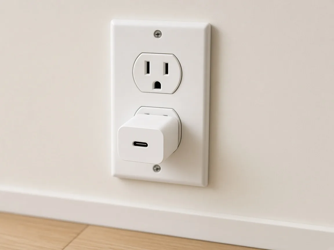 A white charger sits in the lower socket of a wall outlet, and its USB-C port is empty.