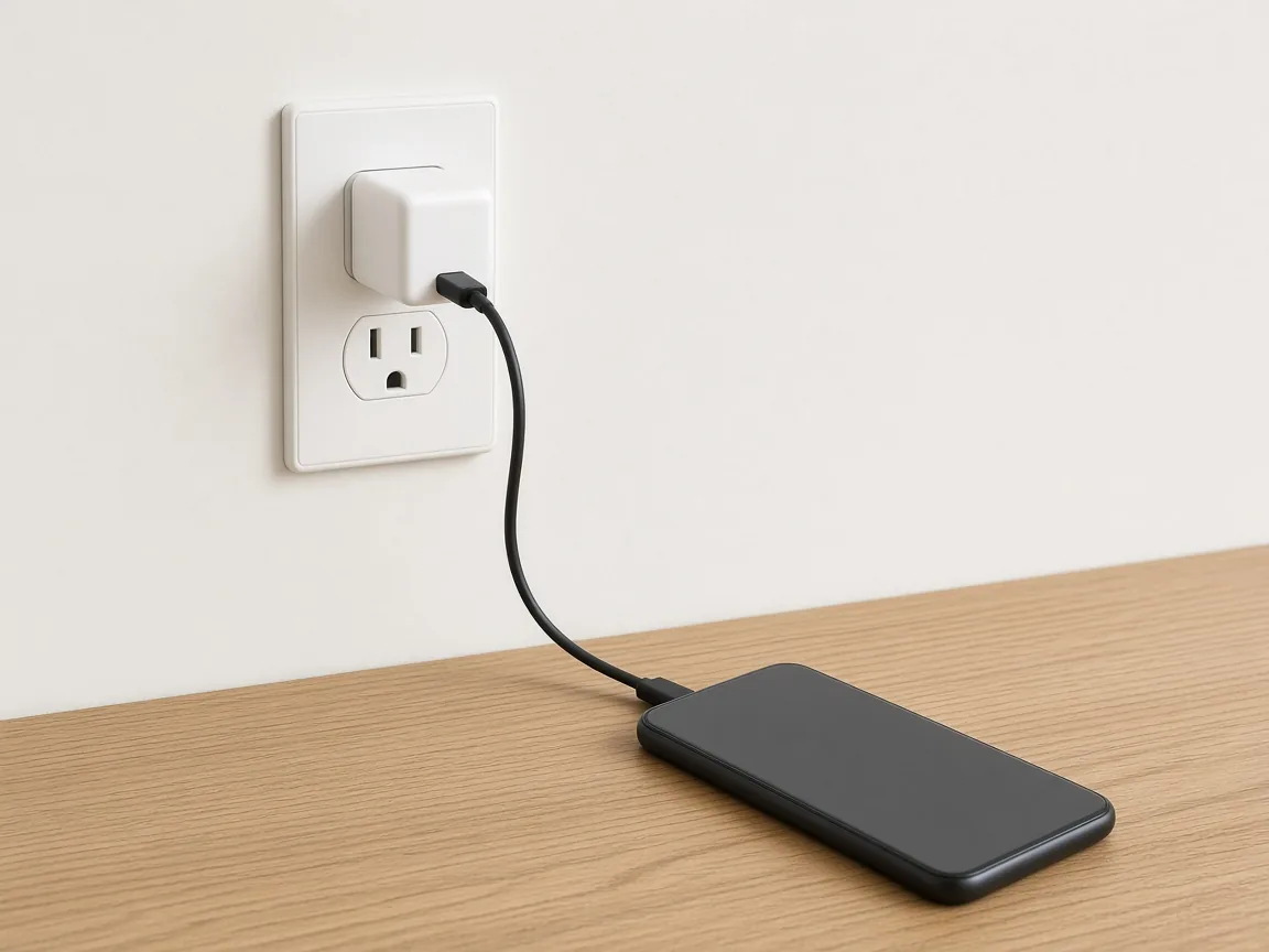 A black cable runs from a white charger in a wall outlet to a black phone lying face down on a wood table.