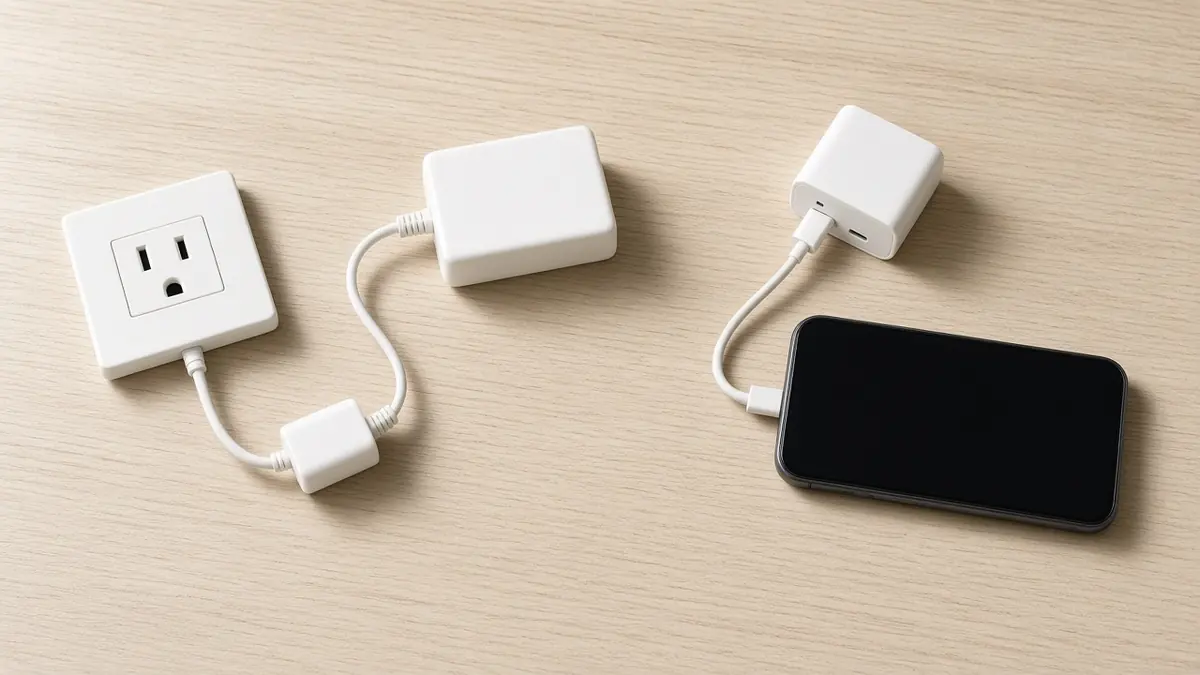A wall socket, a small plug adapter, and a power brick in one chain, set apart from a USB-C charger cabled to a phone with a dark screen.
